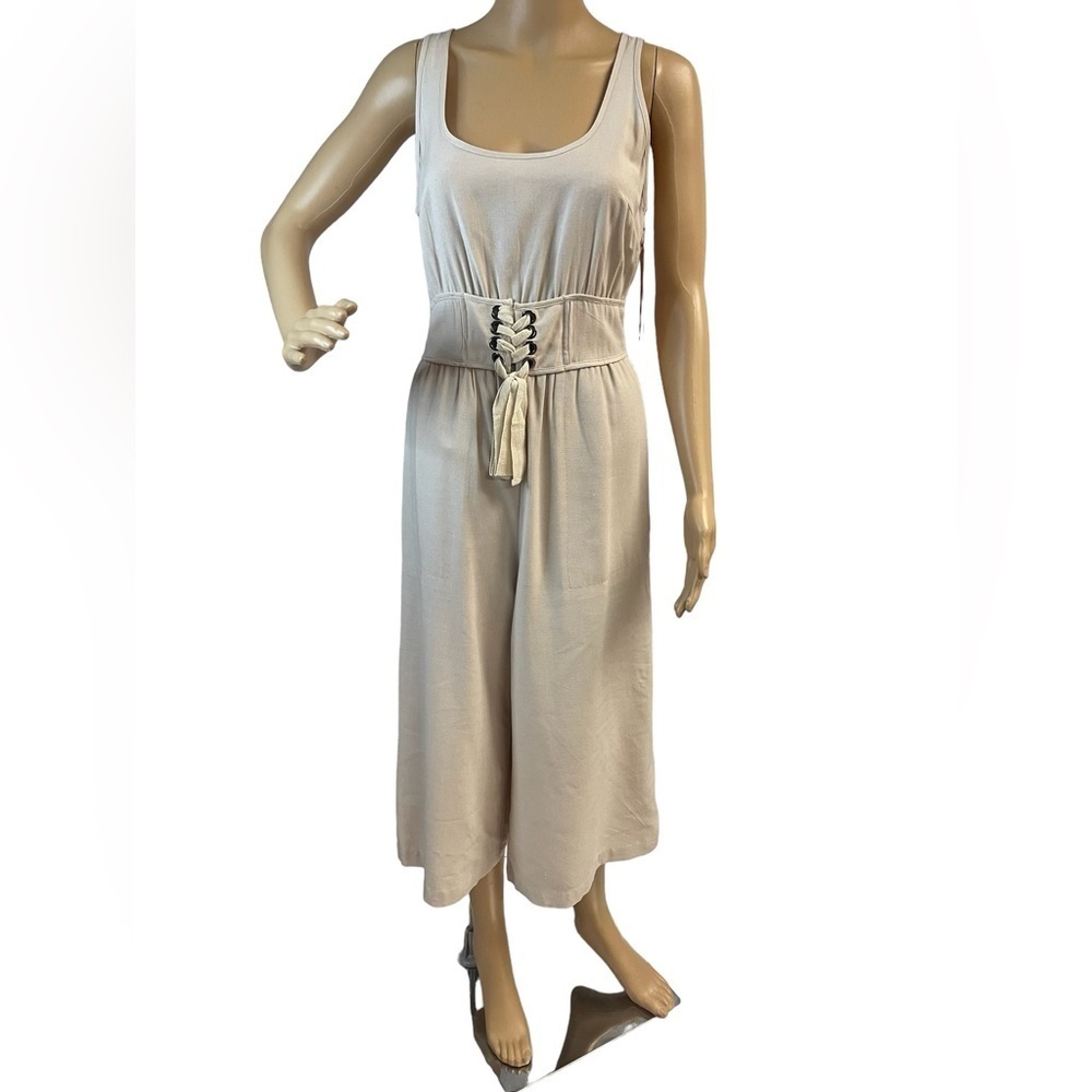 Gibson Latimer Beige Wide Leg Cropped Jumpsuit | Sleeveless Tie Waist Romper, S